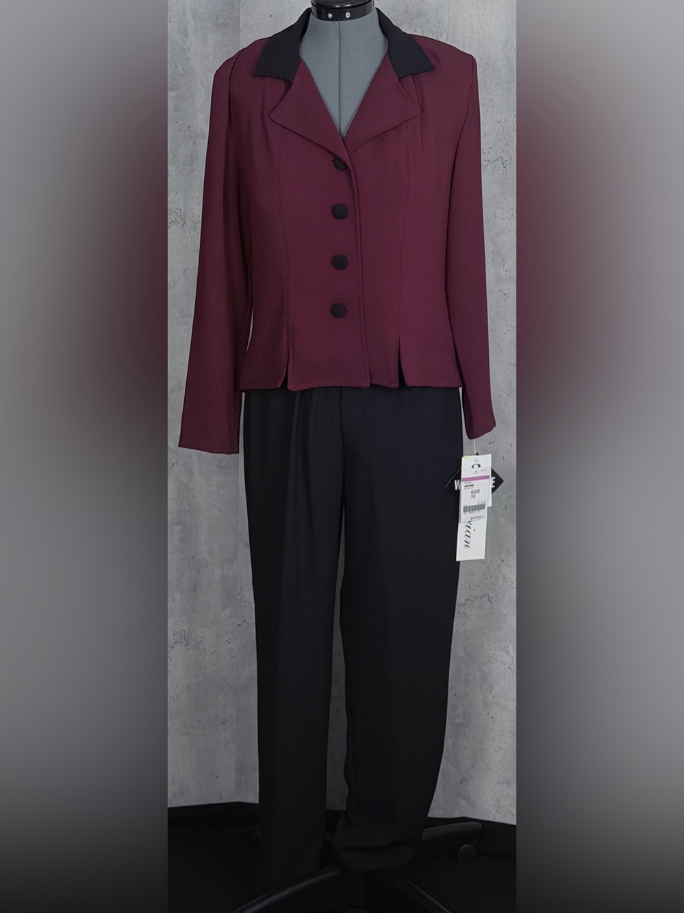 NWT Darian Vintage Womens Pant Suit Size 10 Burgundy Blazer Black Pants Work Set